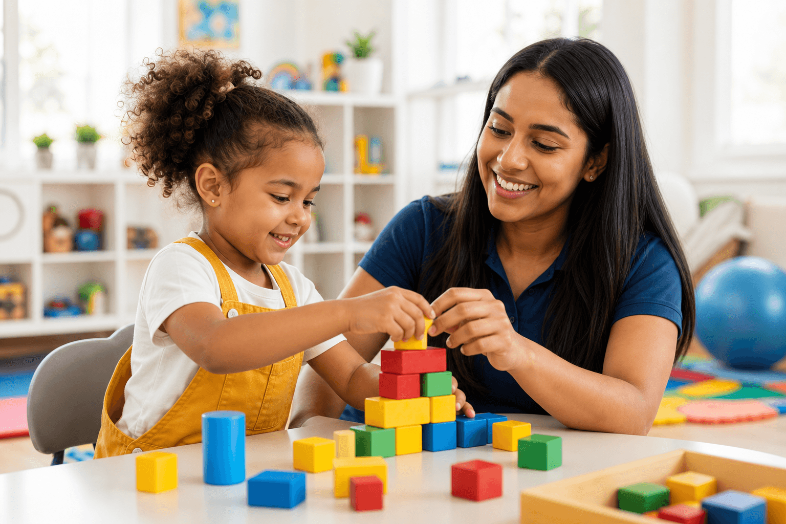 A therapist helping a young child build with colorful blocks in a bright therapy room